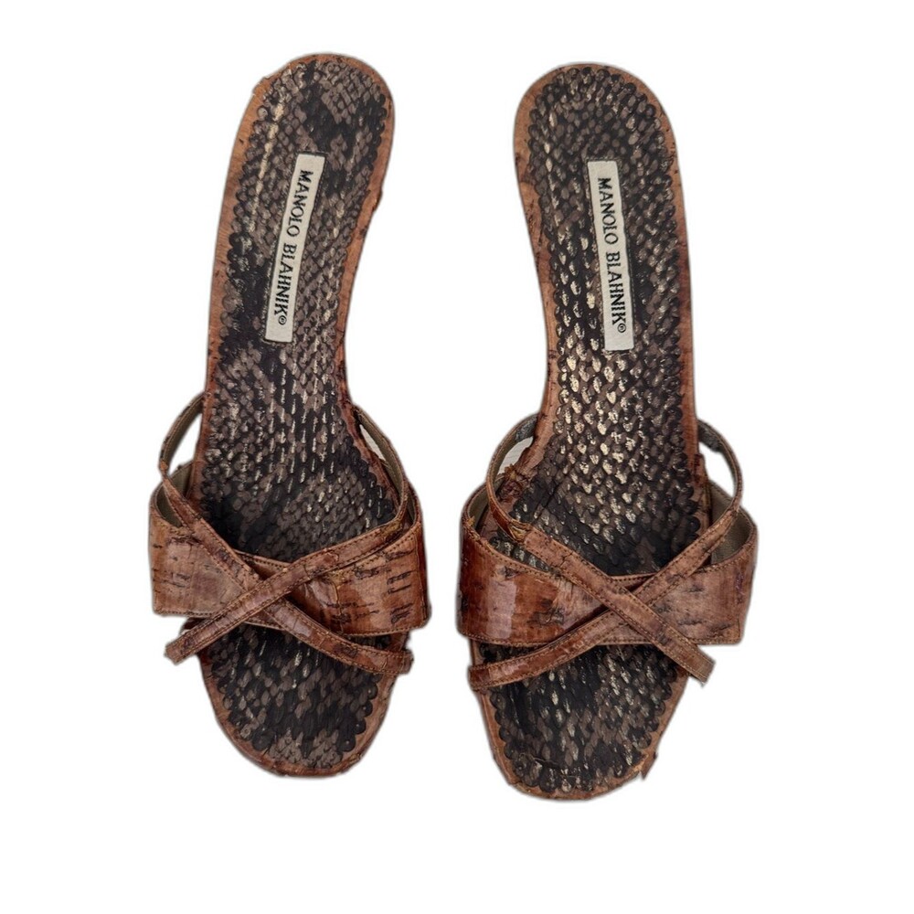Manolo Blahnik Vintage Brown Gold Cork Python Snake Rare Strappy Kitten Heels
